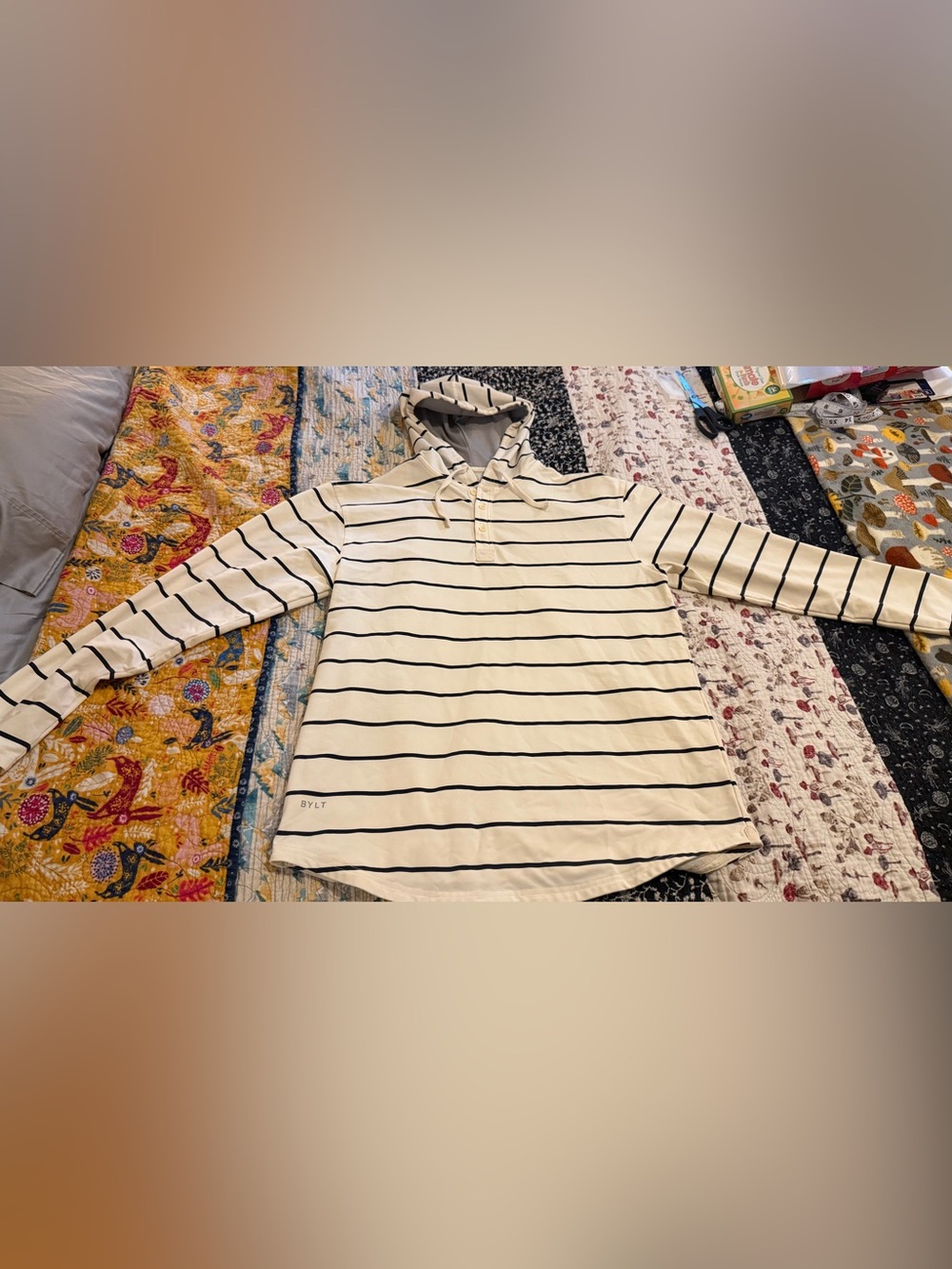 Bundle of Three : BYLT Basics Cream & Black Striped Long Sleeve Hooded Tee